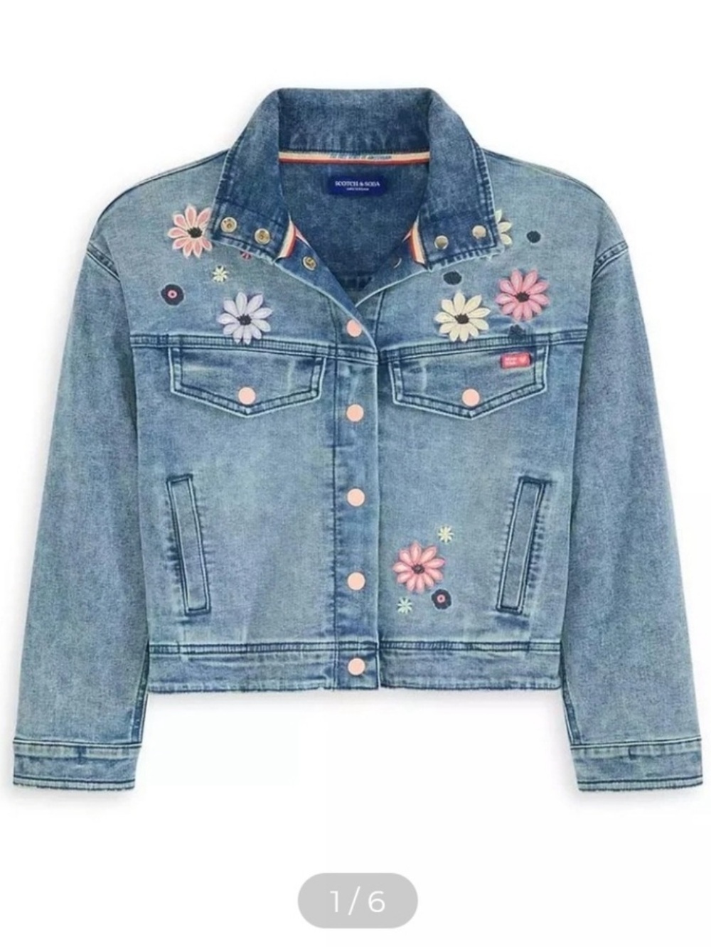 Scotch & Soda Light Blue Denim Jacket with Pink Floral Embroidery